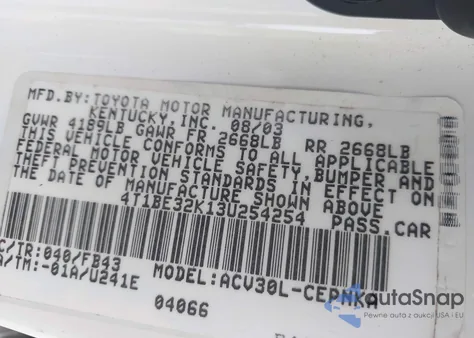 2003 Toyota Camry Le from USA, damaged, VIN 4T1BE32K13U254254